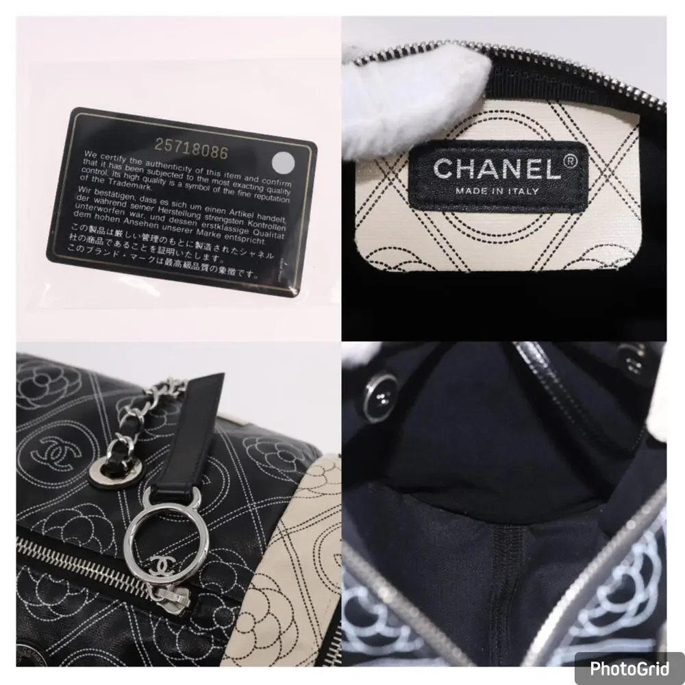 CHANEL Coated Canvas Camellia Printed Calfskin Bowling Bag